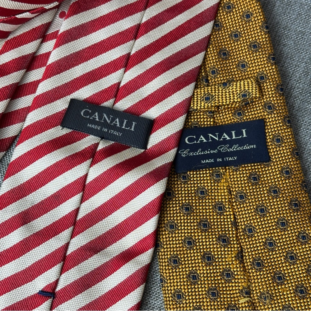 Canali Mens 100% Silk Tie Yellow Blue Floral Jacquard Woven Italy & Repp Stripe